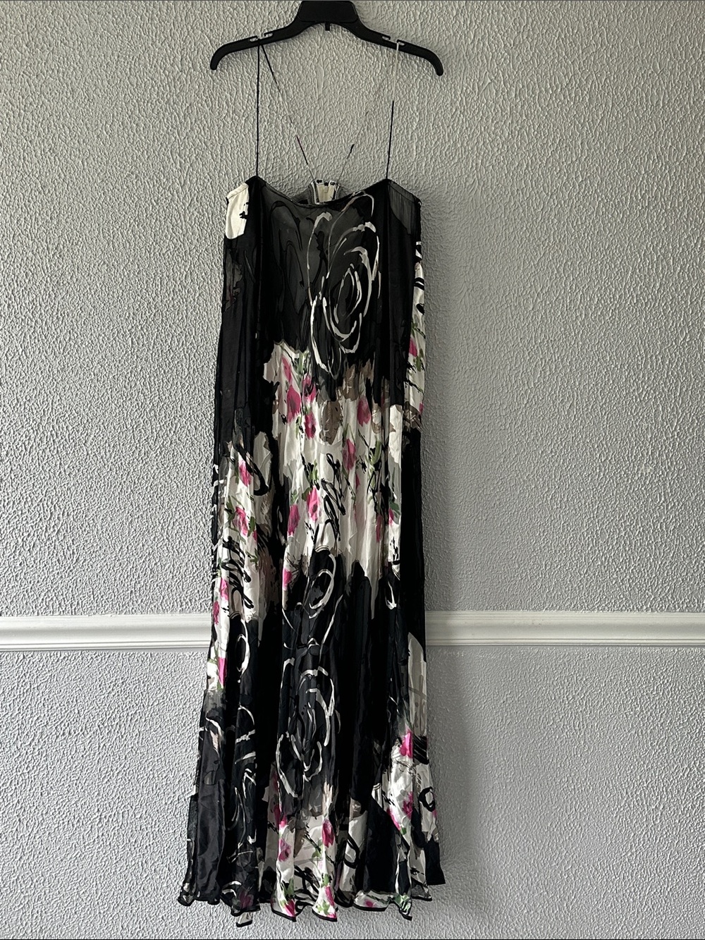 TALBOT RUNHOF Black Floral Slip Maxi Dress with Pink Accents, beautiful & classy